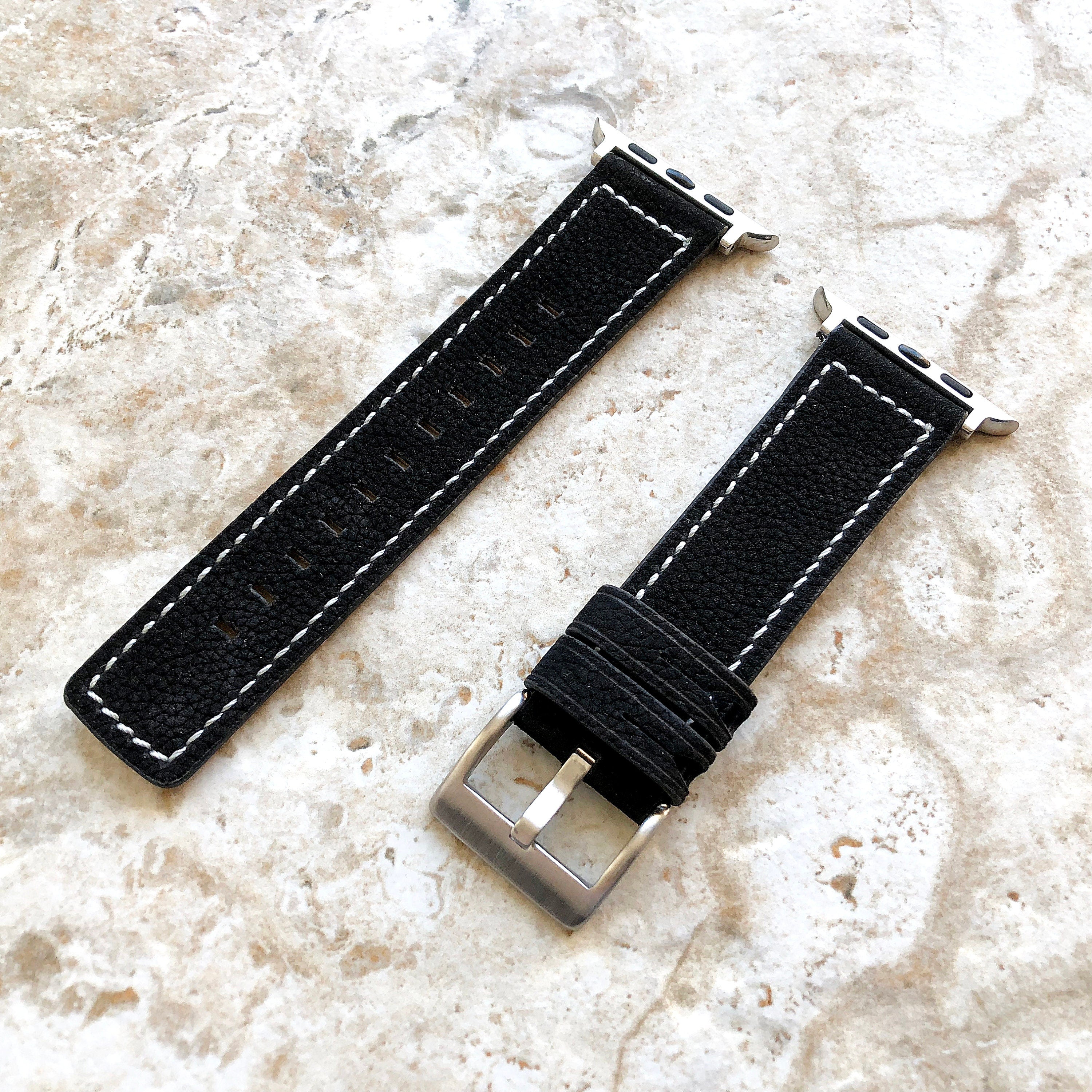 Apple Black Suede Soft Leather Band Straps with White Stitches for iWatch All Series 38mm 40mm 41mm 42mm 44mm 45mm 49mm Case Handmade